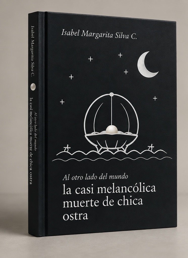 Portada del libro Chica Ostra: una ostra abierta con una perla bajo la luna, sobre fondo azul oscuro